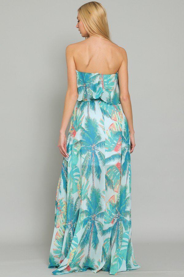 ISLAND LIFE MAXI DRESS back view with tropical palm print from Raggdoll Boutique, perfect for summer outfits Texas.