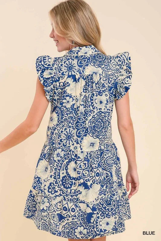 Louisa Dress in blue floral pattern, perfect for coastal boutique clothing and tropical vacations. Ideal for curvy plus size fashion.