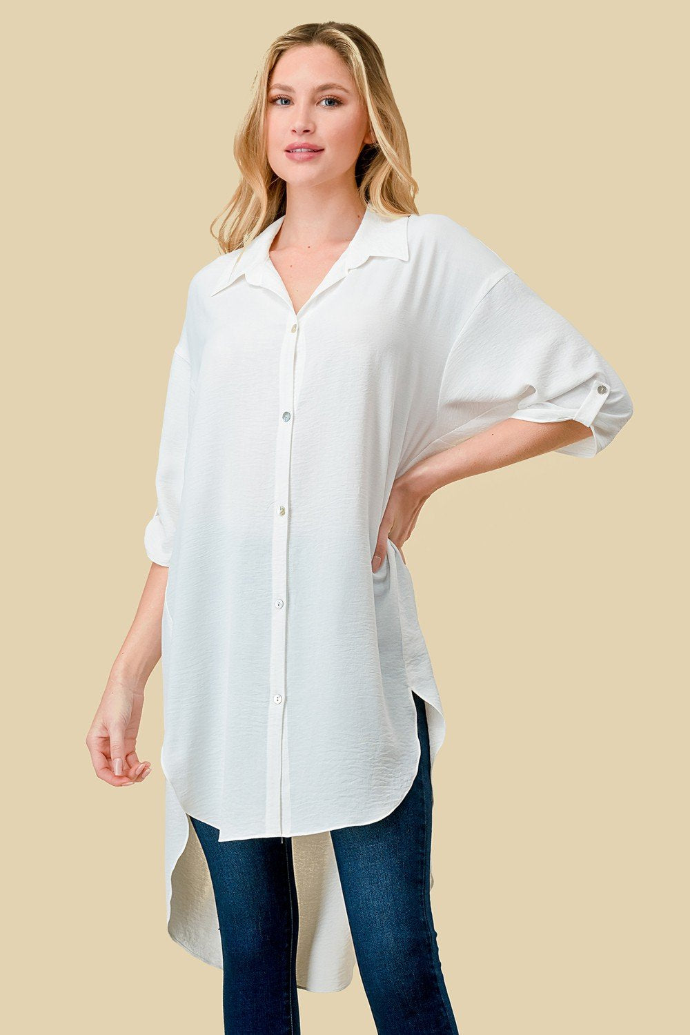 WHITE OVERSIZE TOP OR COVER-UP model showcasing stylish look at Raggdoll Boutique, ideal for summer outfits Texas.