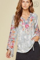 PLUS SAGE GREY EMBROIDERED TOP featuring fun embroidery and tassel tie closure, perfect for trendy coastal style.