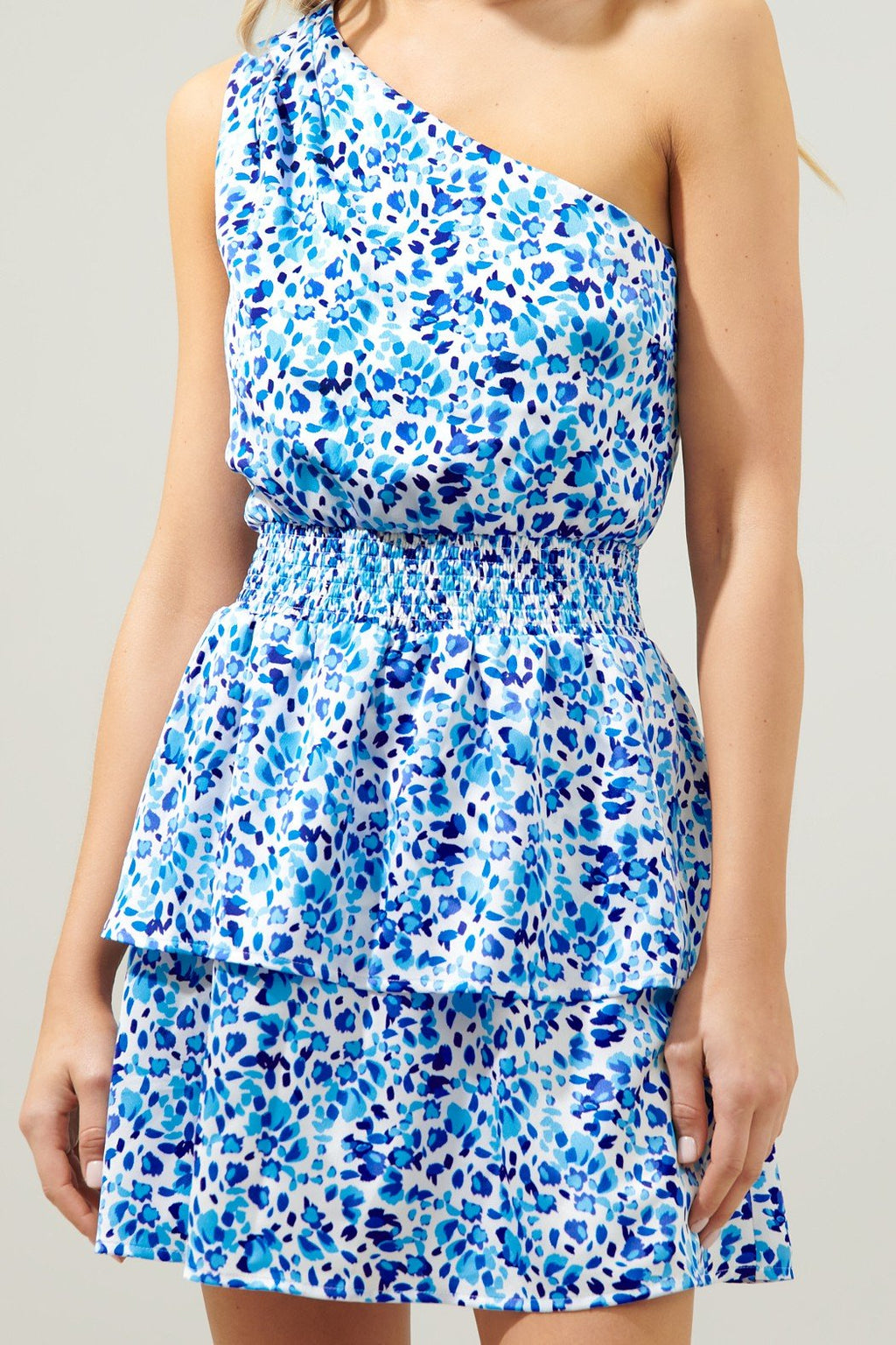 GUEST OF HONOR DRESS in blue floral print, perfect for coastal boutique clothing and tropical vacations, stylish women's fashion.