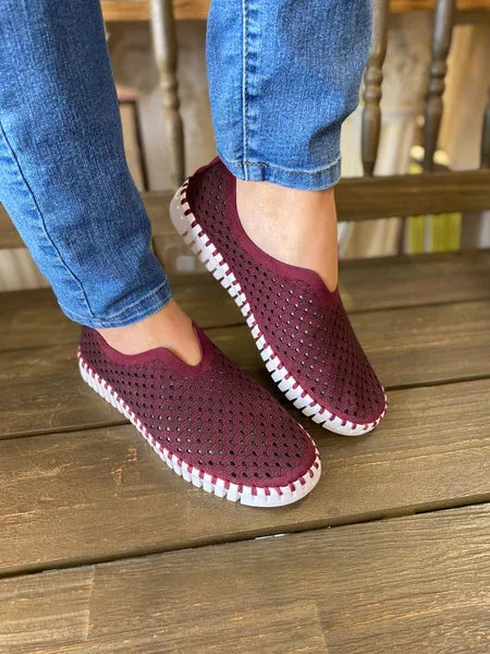 WINETASTING TULIPS by ILSE JACOBSEN 139 stylish maroon slip-on shoes, perfect for summer outfits and vacation wardrobe at Raggdoll Boutique.