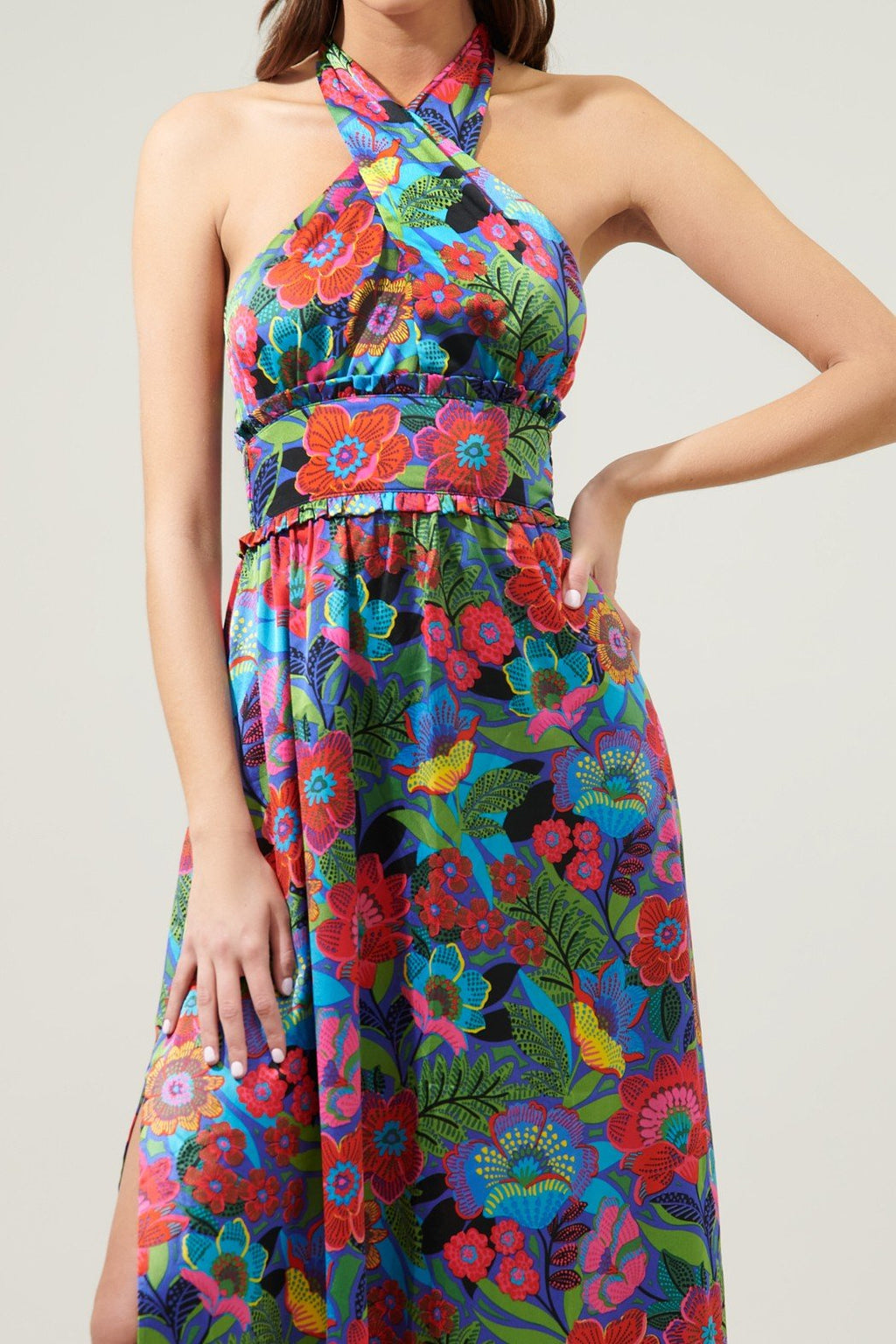 IN THE TROPICS DRESS with vibrant floral print and halter neckline, perfect for summer outfits from Raggdoll Boutique.