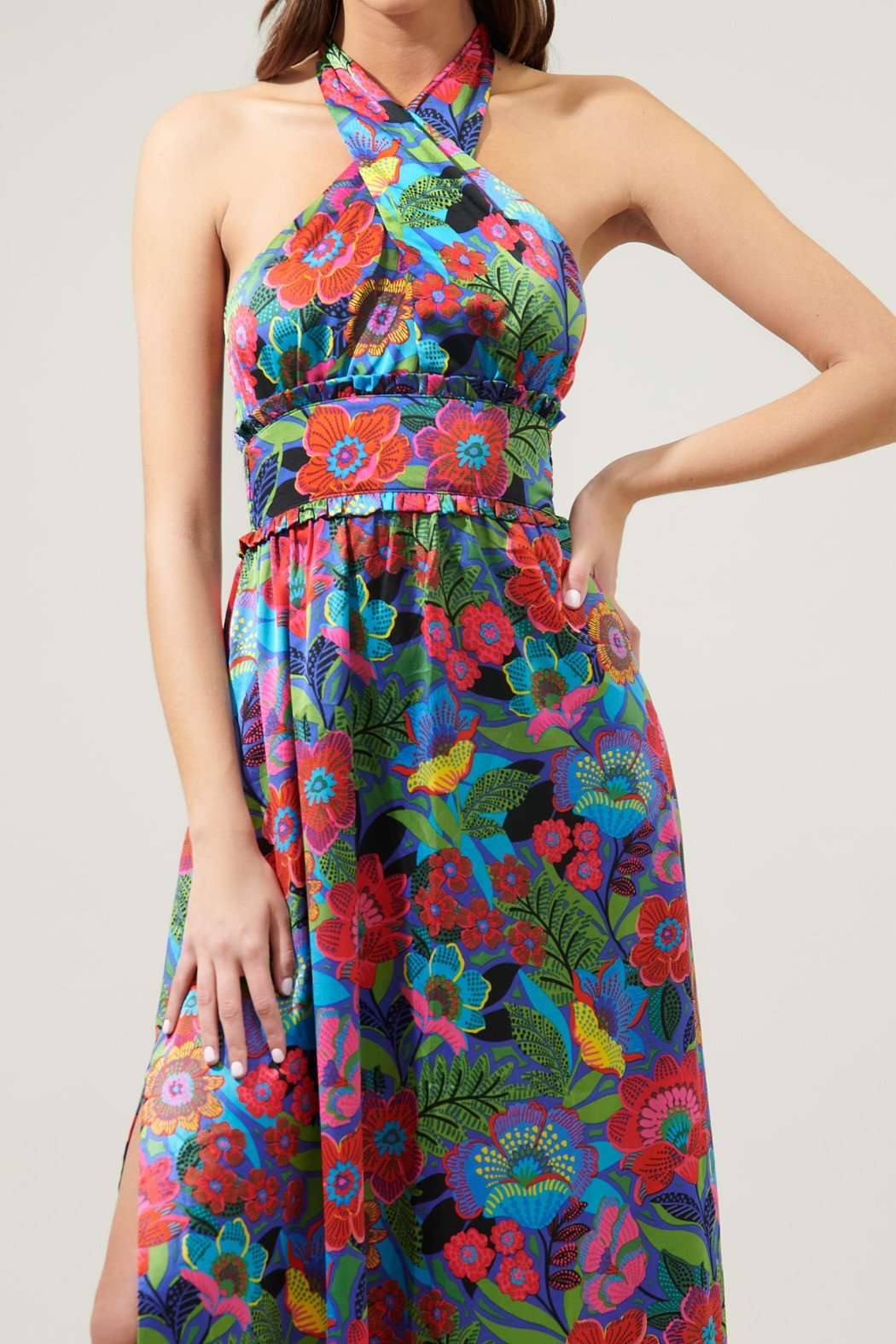 IN THE TROPICS DRESS with vibrant floral print and halter neckline, perfect for summer outfits from Raggdoll Boutique.