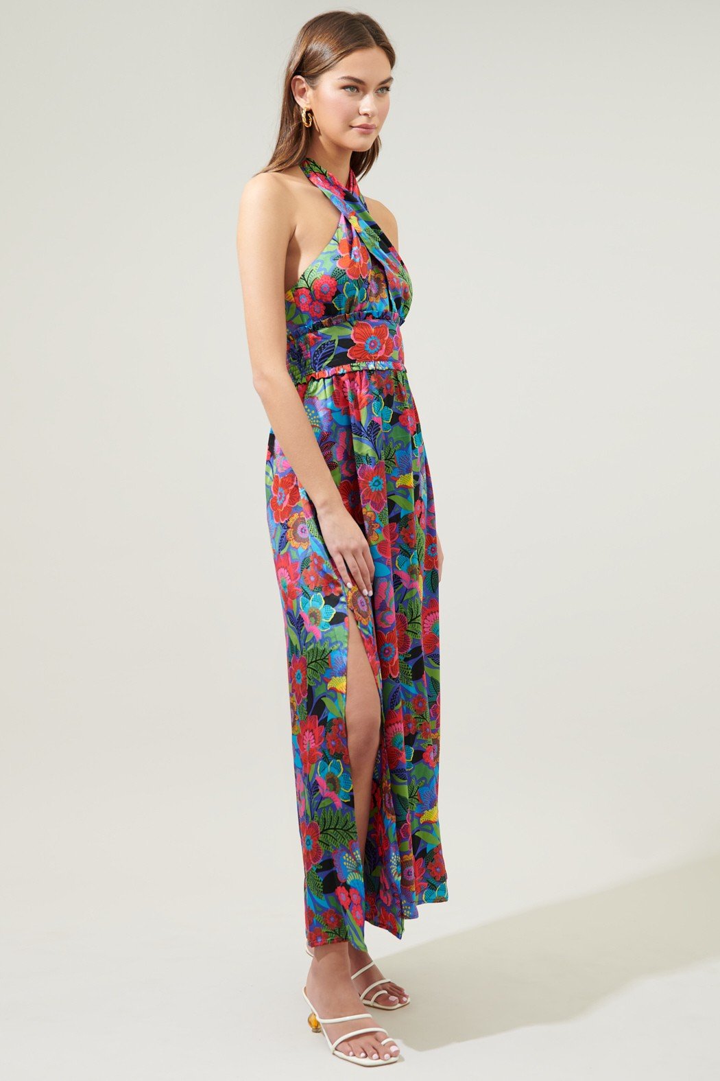 IN THE TROPICS DRESS featuring vibrant floral print and halter style, perfect for summer outfits Texas and vacation wardrobe boutique.