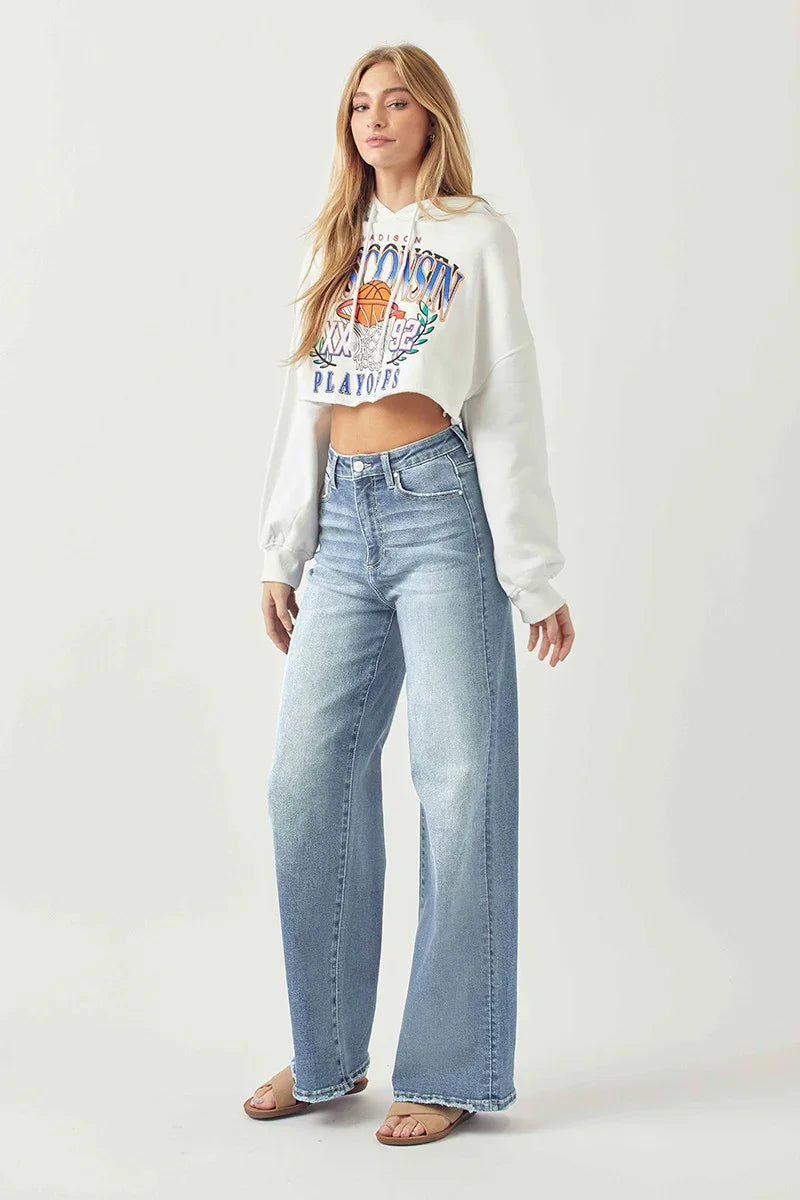 RISEN Basic Wide-Leg Jeans styled with a cropped hoodie, perfect for coastal boutique clothing and women's fashion.