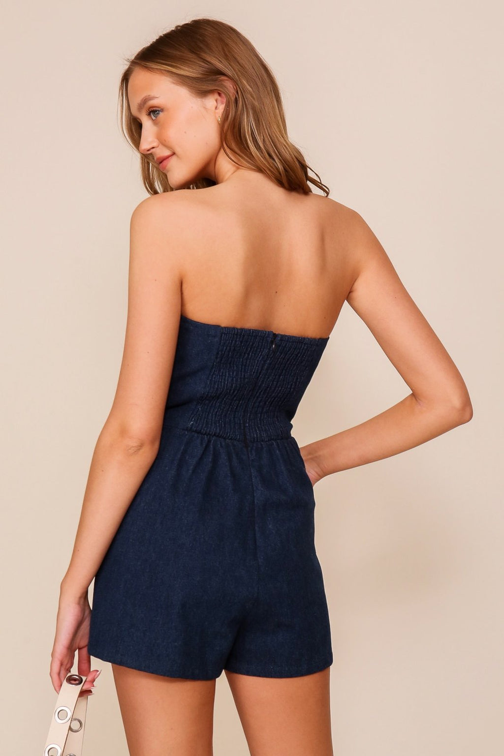 Ava Romper in denim, off-shoulder style, perfect for summer outfits Texas at Raggdoll Boutique.