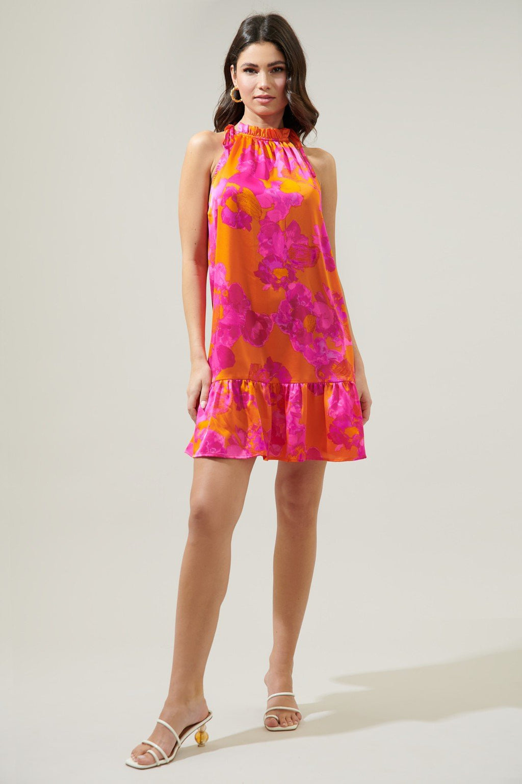 Stylish Mai Tai Floral Rumba Halter Dress in fuchsia watercolor florals, perfect for coastal boutique clothing and tropical vacations.