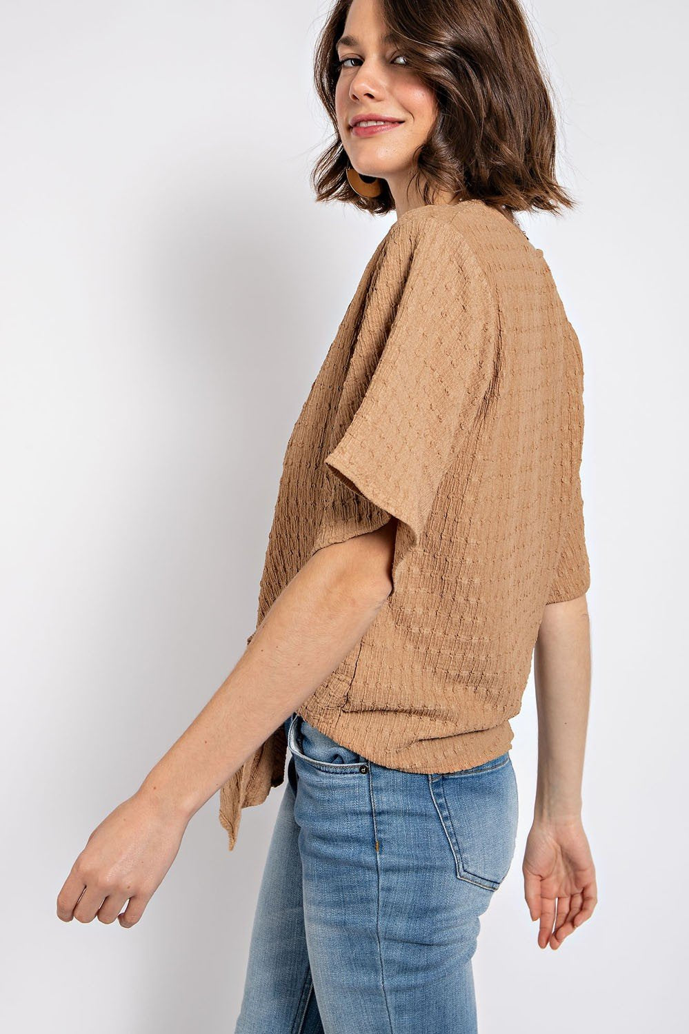 Latte textured tie-front top, stylish women's fashion from Port Aransas boutique, perfect for coastal vacations.
