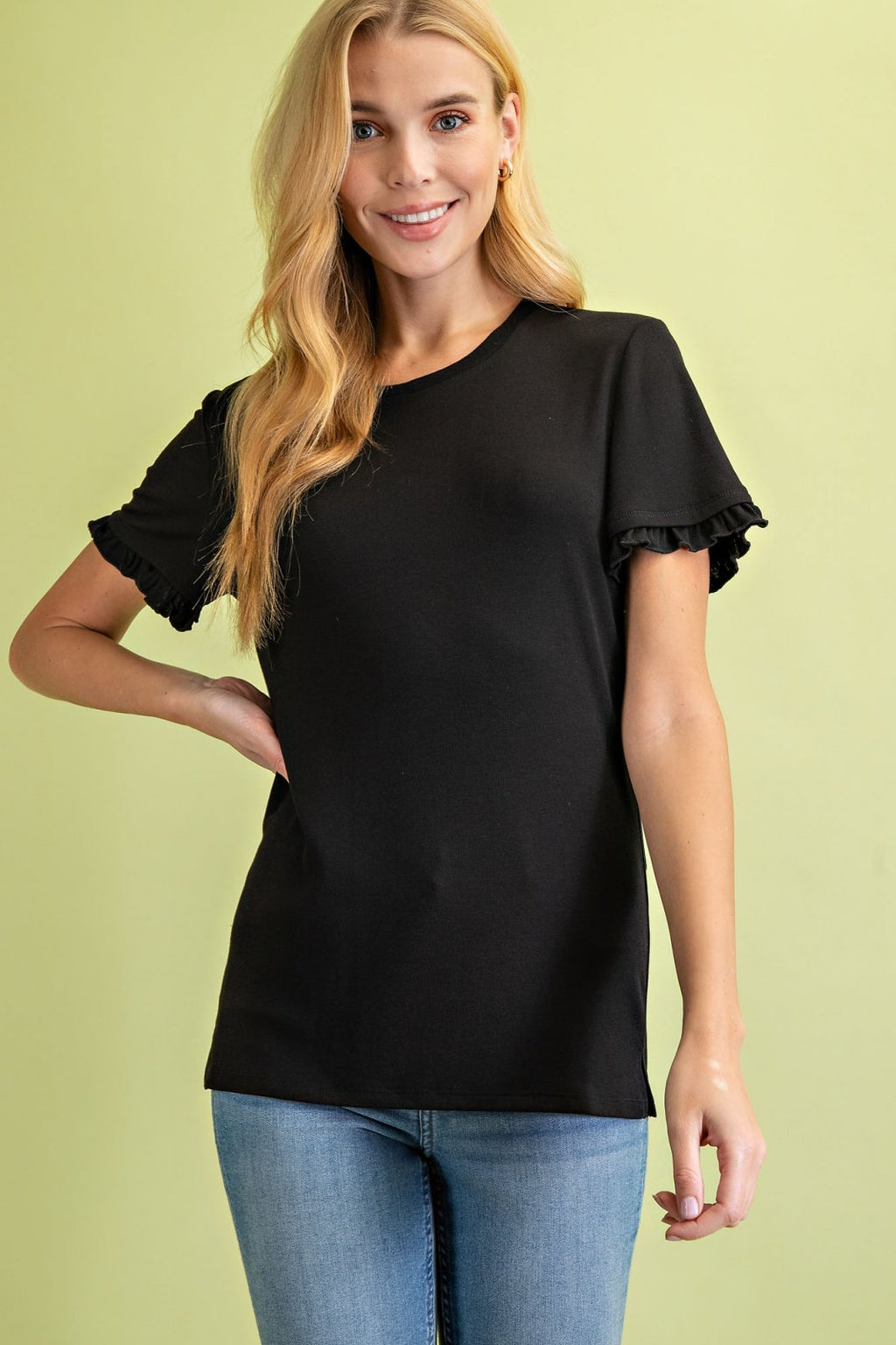 BLACK BASIC RUFFLED SHORT SLEEVE TOP from Raggdoll Boutique, perfect for trendy coastal style and summer outfits Texas.