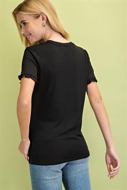 BLACK BASIC RUFFLED SHORT SLEEVE TOP in black with ruffled sleeves, perfect for summer outfits Texas from Raggdoll Boutique.