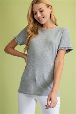 HEATHER GREY BASIC RUFFLED SHORT SLEEVE TOP from Raggdoll Boutique, perfect for summer outfits Texas and trendy coastal style.