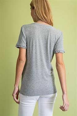 Back view of HEATHER GREY BASIC RUFFLED SHORT SLEEVE TOP showcasing its comfortable fit and side slits by Raggdoll Boutique.