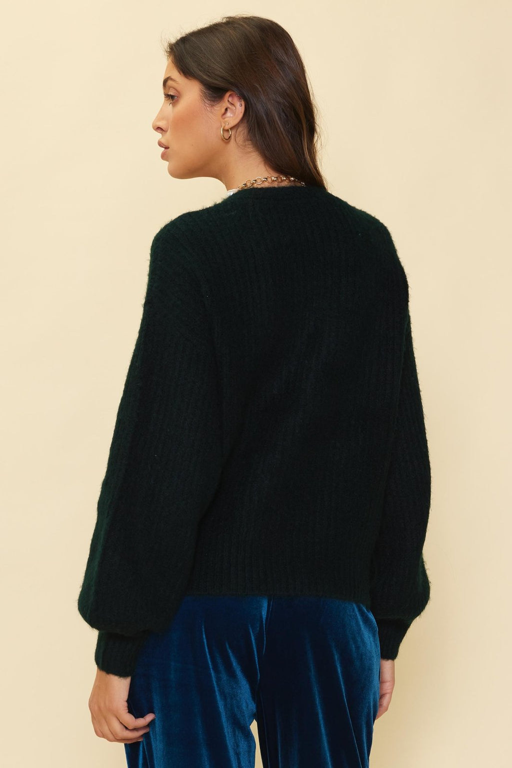 Very deep forest green cardigan with crystal buttons, perfect for coastal boutique clothing and stylish tops for women.