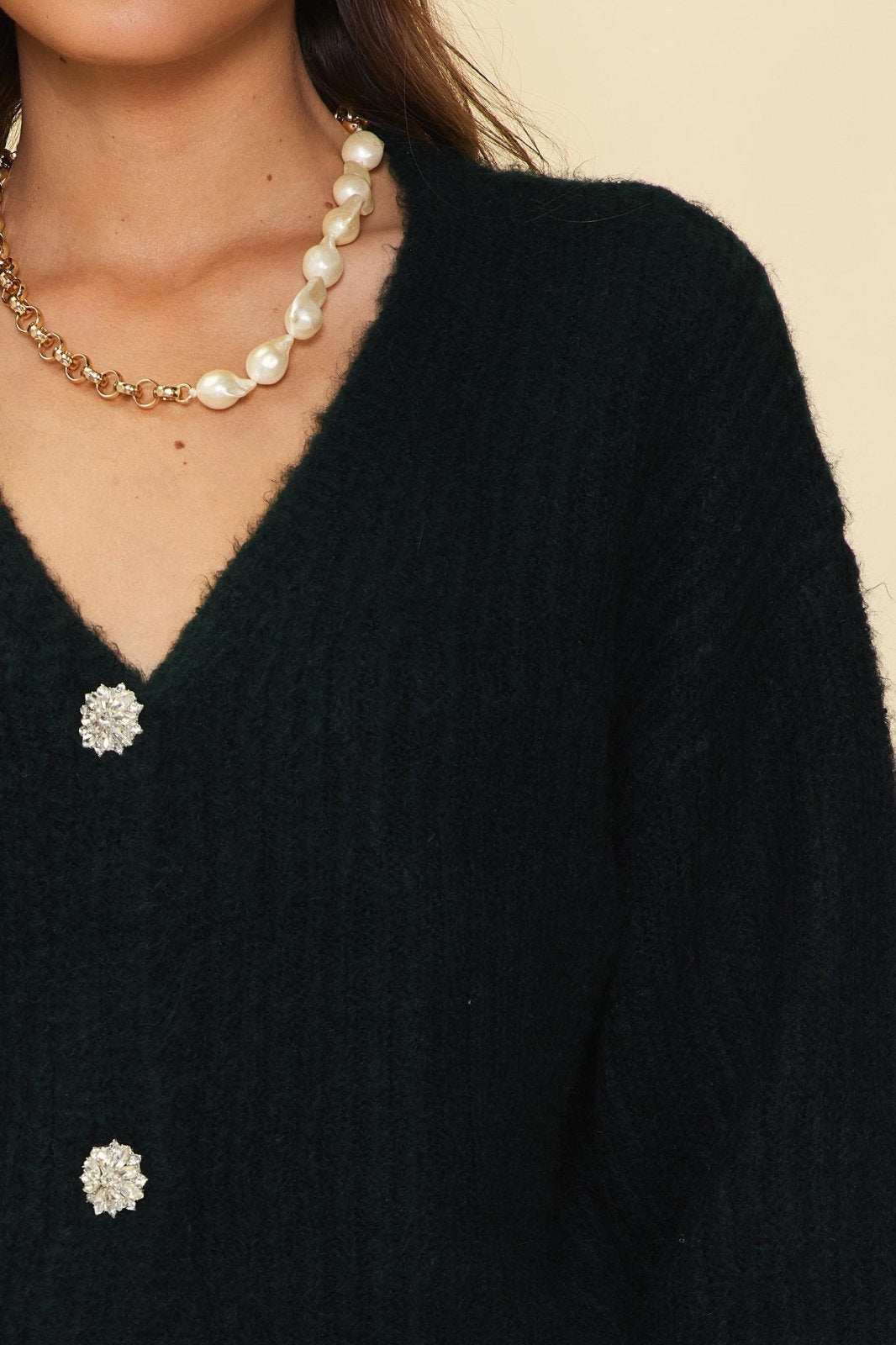 Very deep forest green cardigan with crystal buttons, perfect for coastal boutique clothing and curvy plus size fashion.