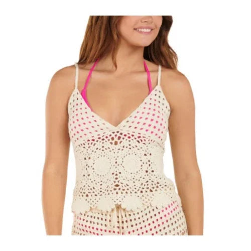 Elevate your beachwear with our Citrus Crochet Cover Cami Top; stylish and lightweight for any tropical vacation.