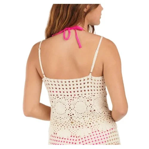 Natural crochet cami cover-up with adjustable straps, perfect for beachwear at a coastal boutique clothing store.