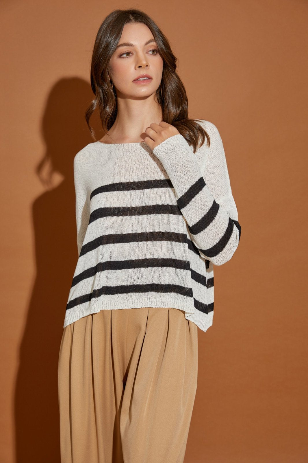 STRIPED KNITTED PULLOVER displayed in a trendy coastal style, perfect for summer outfits Texas at Raggdoll Boutique.