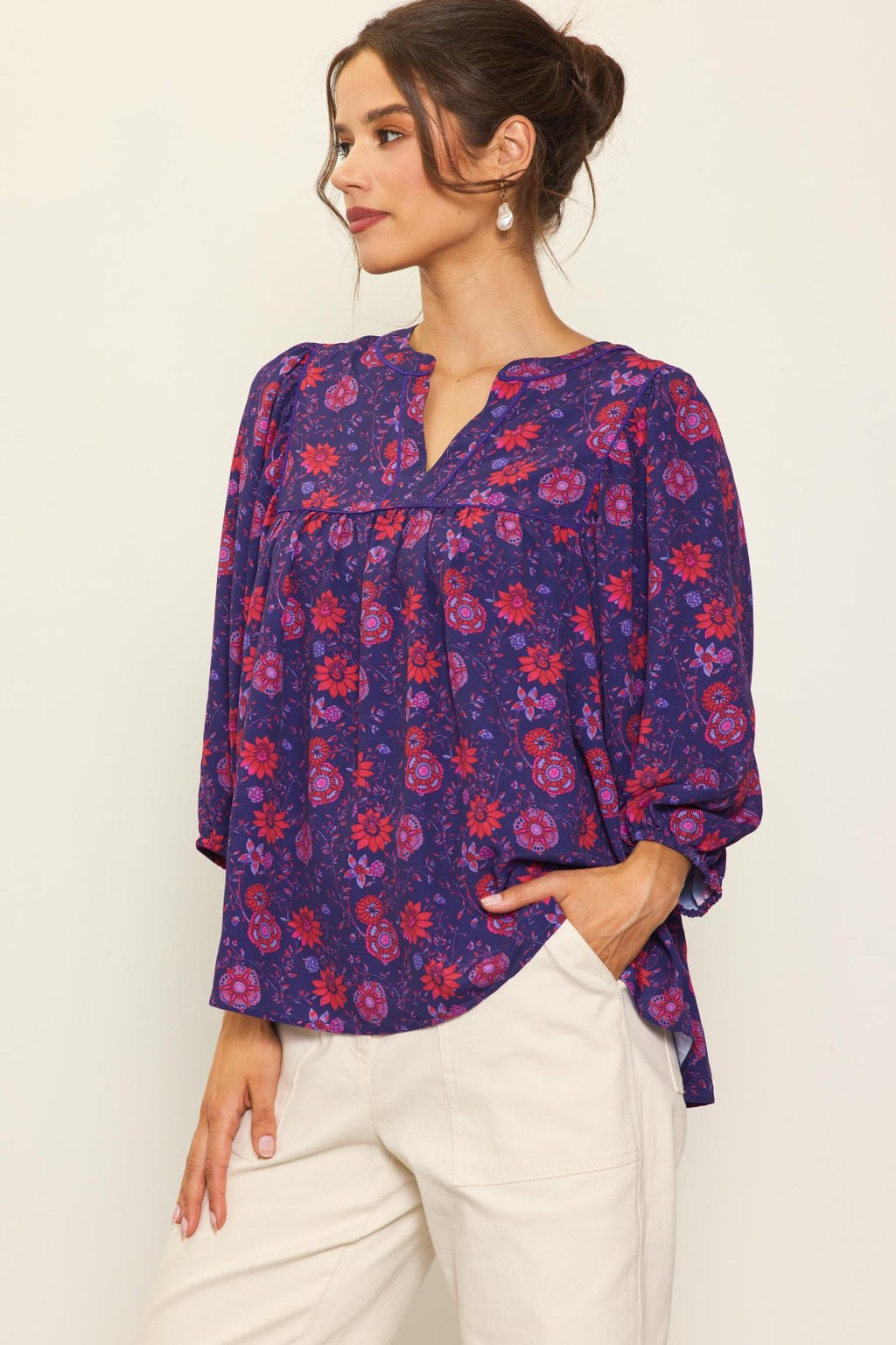 GRAPE-RED PRINTED BLOUSE from Raggdoll Boutique, a trendy coastal style top perfect for summer outfits Texas.