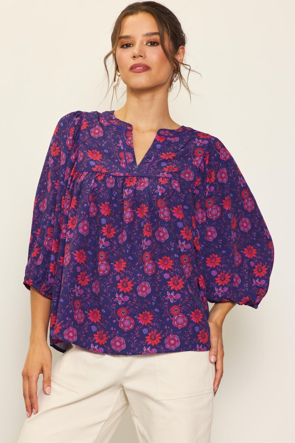 GRAPE-RED PRINTED BLOUSE from Raggdoll Boutique, perfect for trendy coastal style and summer outfits Texas.