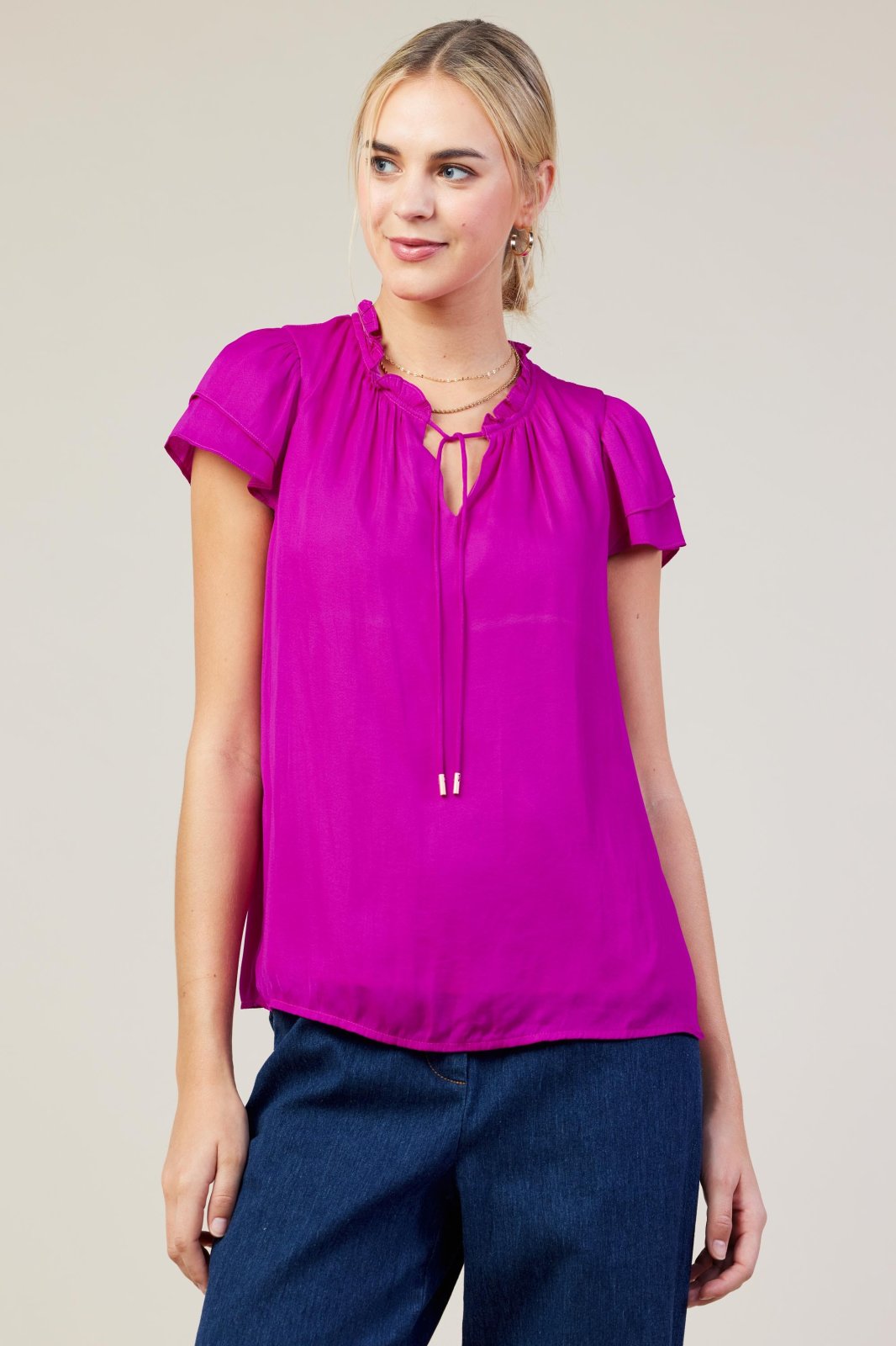 ORCHID SATIN RUFFLE TOP from Raggdoll Boutique, perfect for summer outfits Texas and coastal fashion.