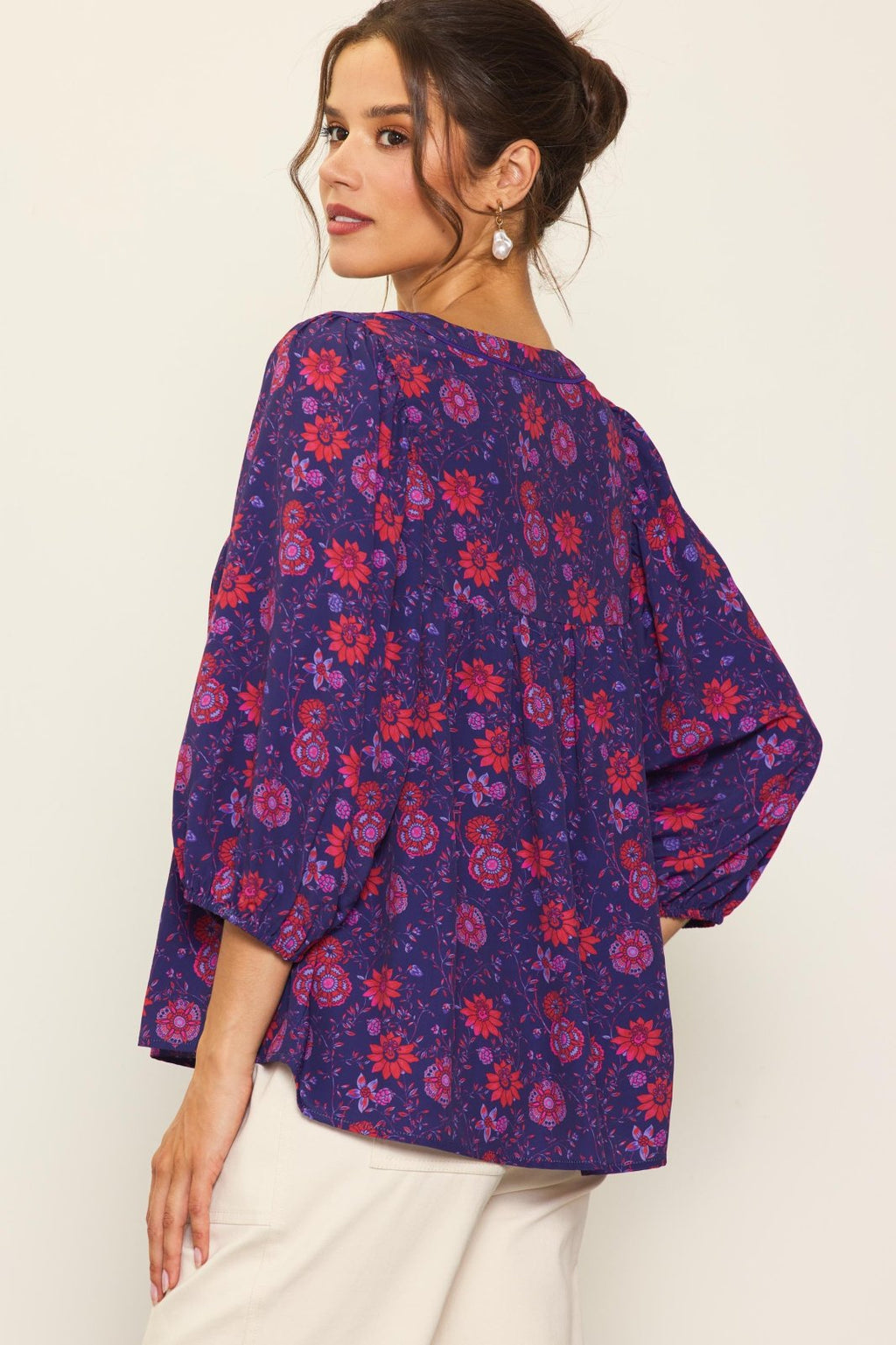 GRAPE-RED PRINTED BLOUSE showcased at Raggdoll Boutique, perfect for trendy coastal style and summer outfits in Texas.