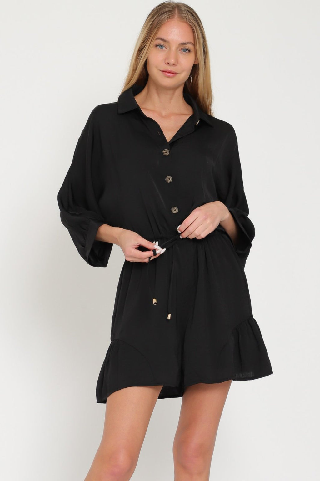 BLACK BUTTON DOWN TIE-FRONT ROMPER from Raggdoll Boutique, perfect for summer outfits Texas and trendy coastal style.