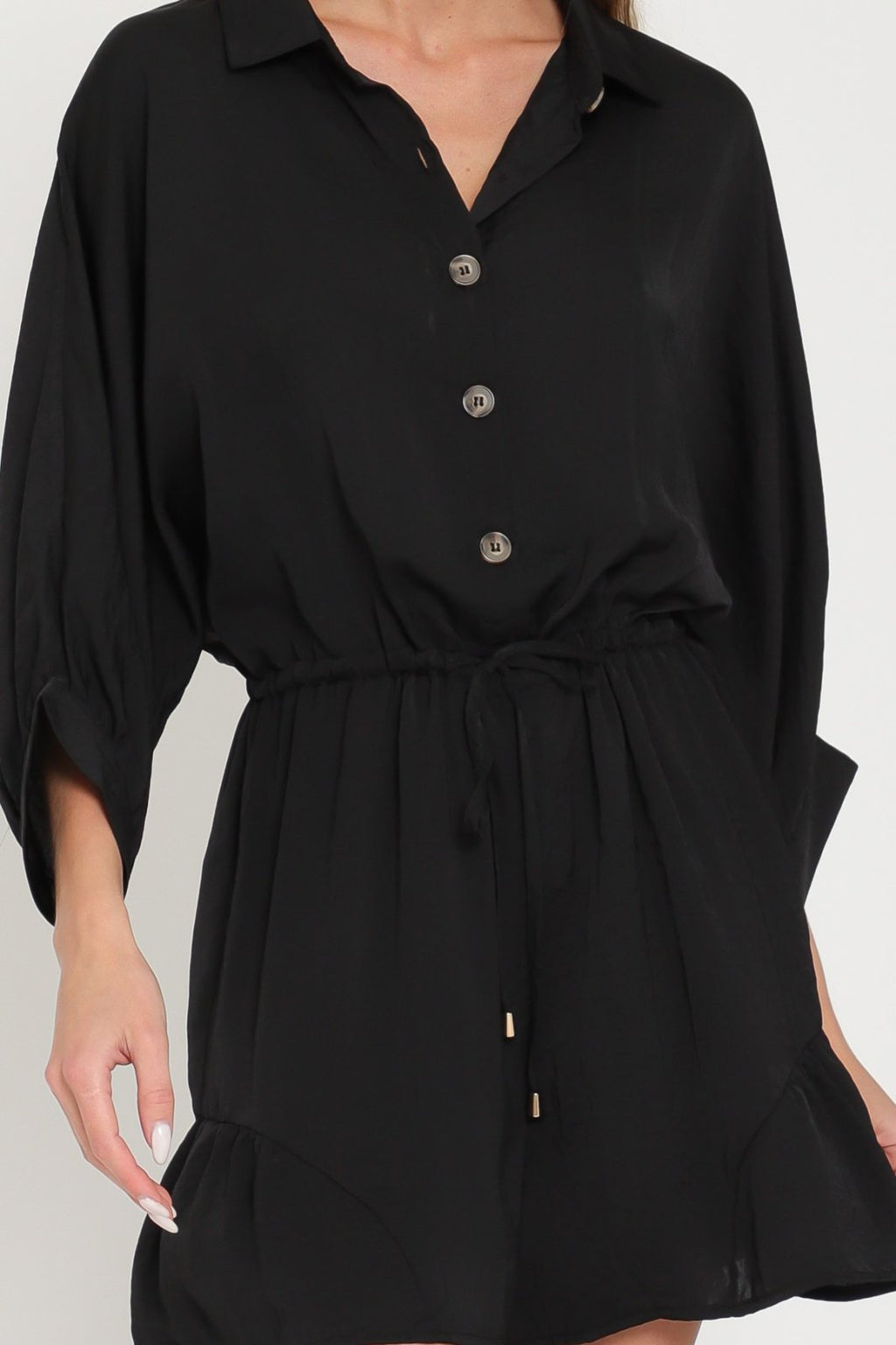 BLACK BUTTON DOWN TIE-FRONT ROMPER from Raggdoll Boutique, perfect for trendy coastal style and summer outfits in Texas.