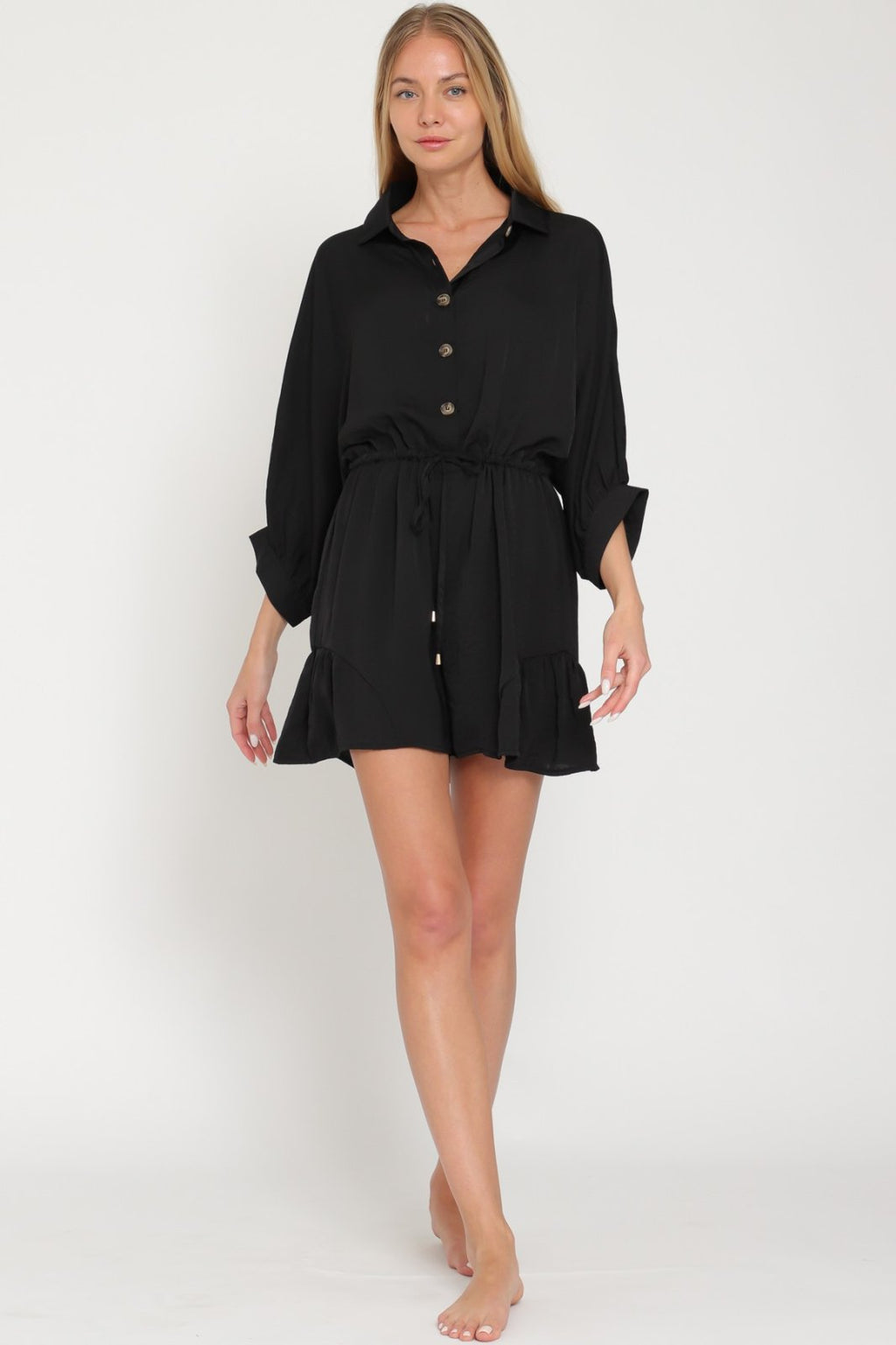 BLACK BUTTON DOWN TIE-FRONT ROMPER from Raggdoll Boutique, perfect for trendy coastal style and summer outfits in Texas.
