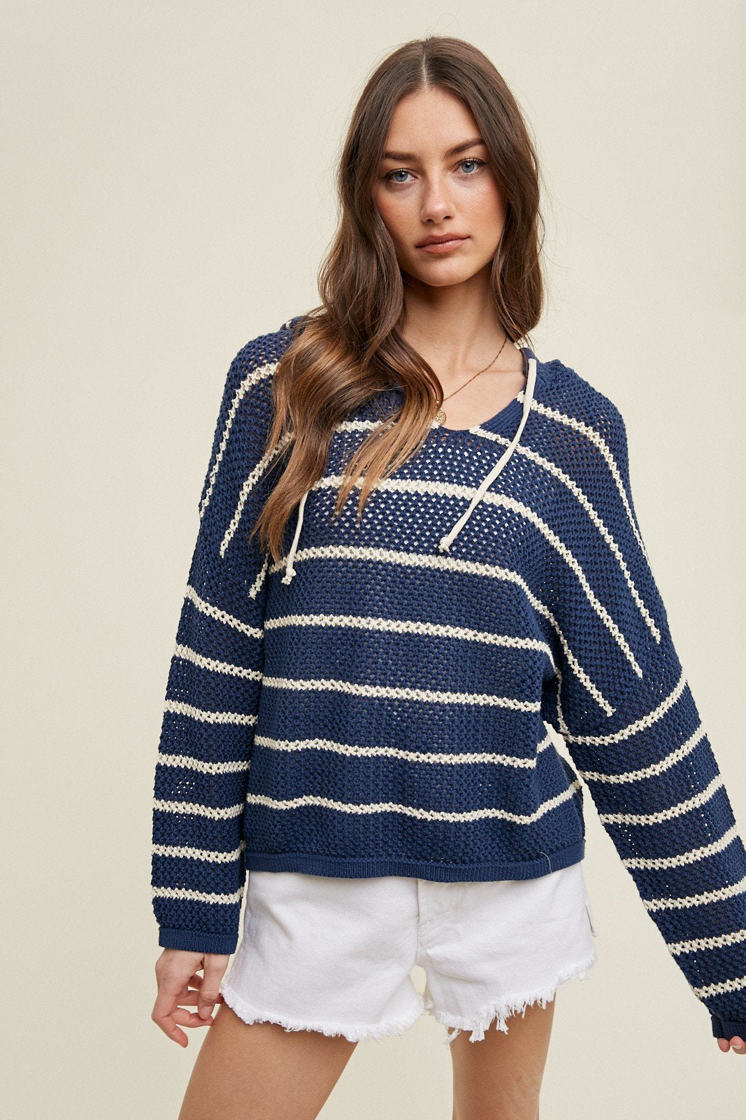 Navy/Ecru Striped Knit Sweater for women, trendy coastal style at Raggdoll Boutique in Port Aransas.