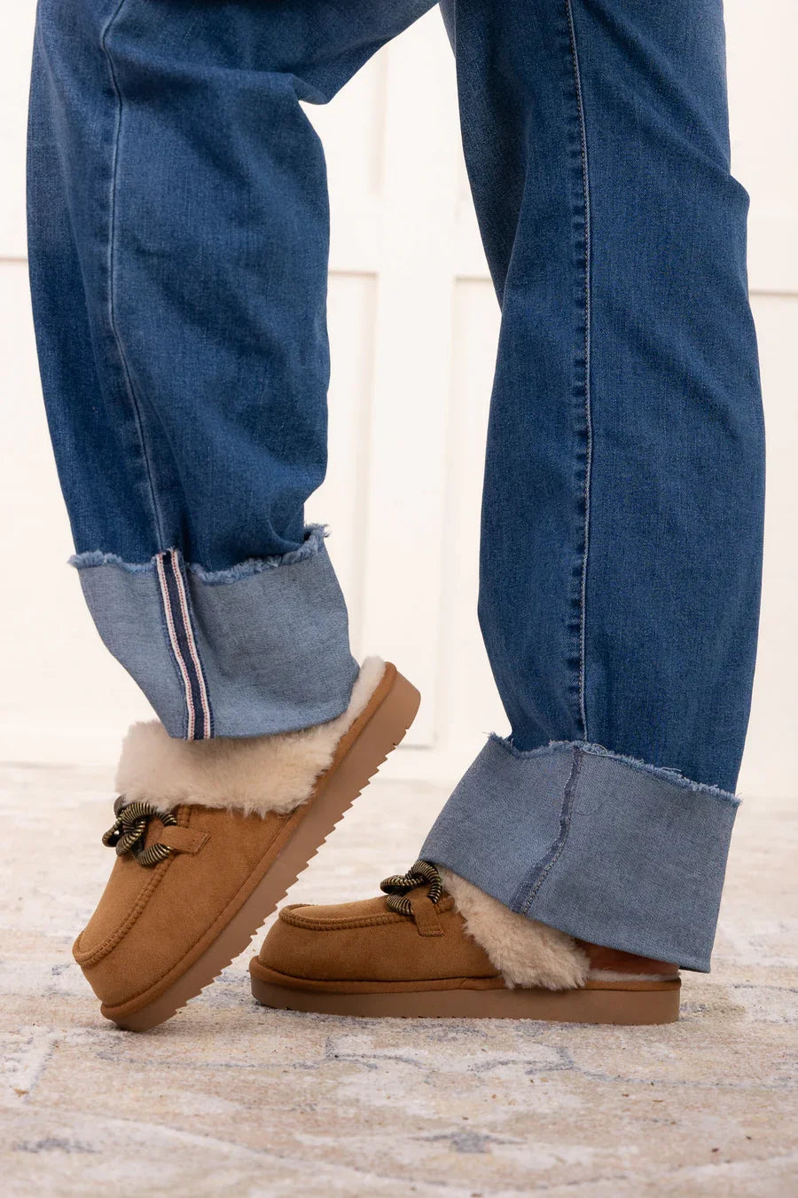 TAOS SLIDE SHOE by MATISSE (Chestnut) styled with trendy denim, showcasing coastal fashion from Raggdoll Boutique.