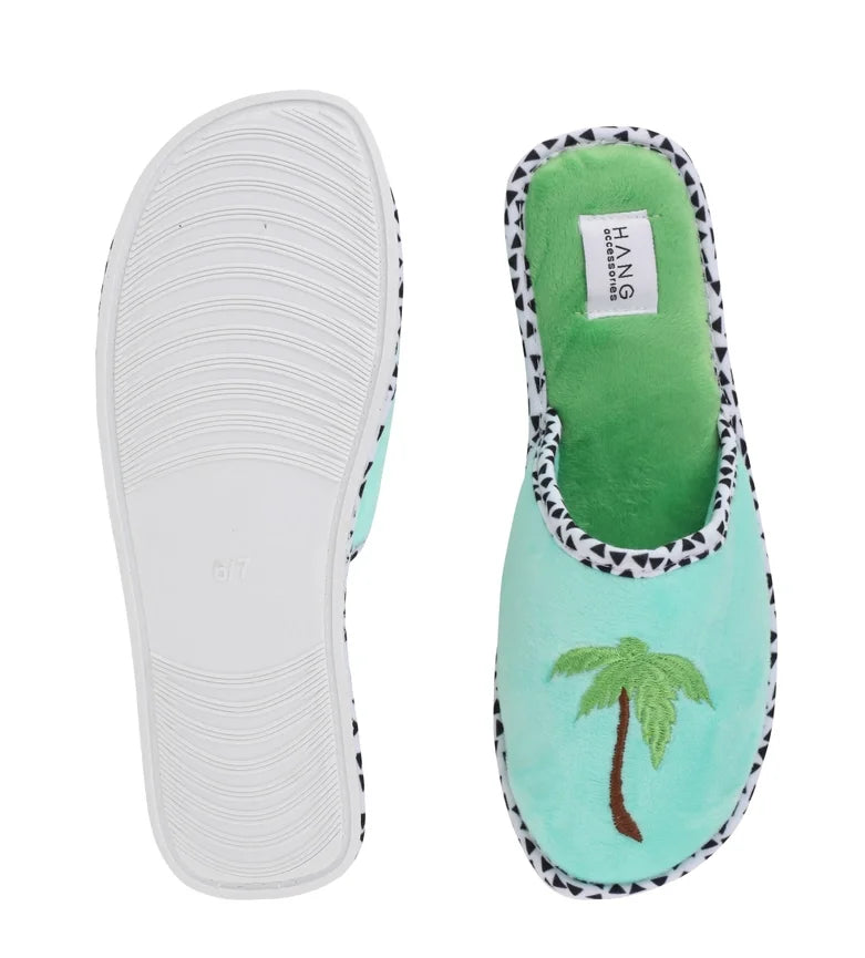 Palm tree slippers for women, perfect for beach vibes and tropical vacations from a coastal boutique clothing store.