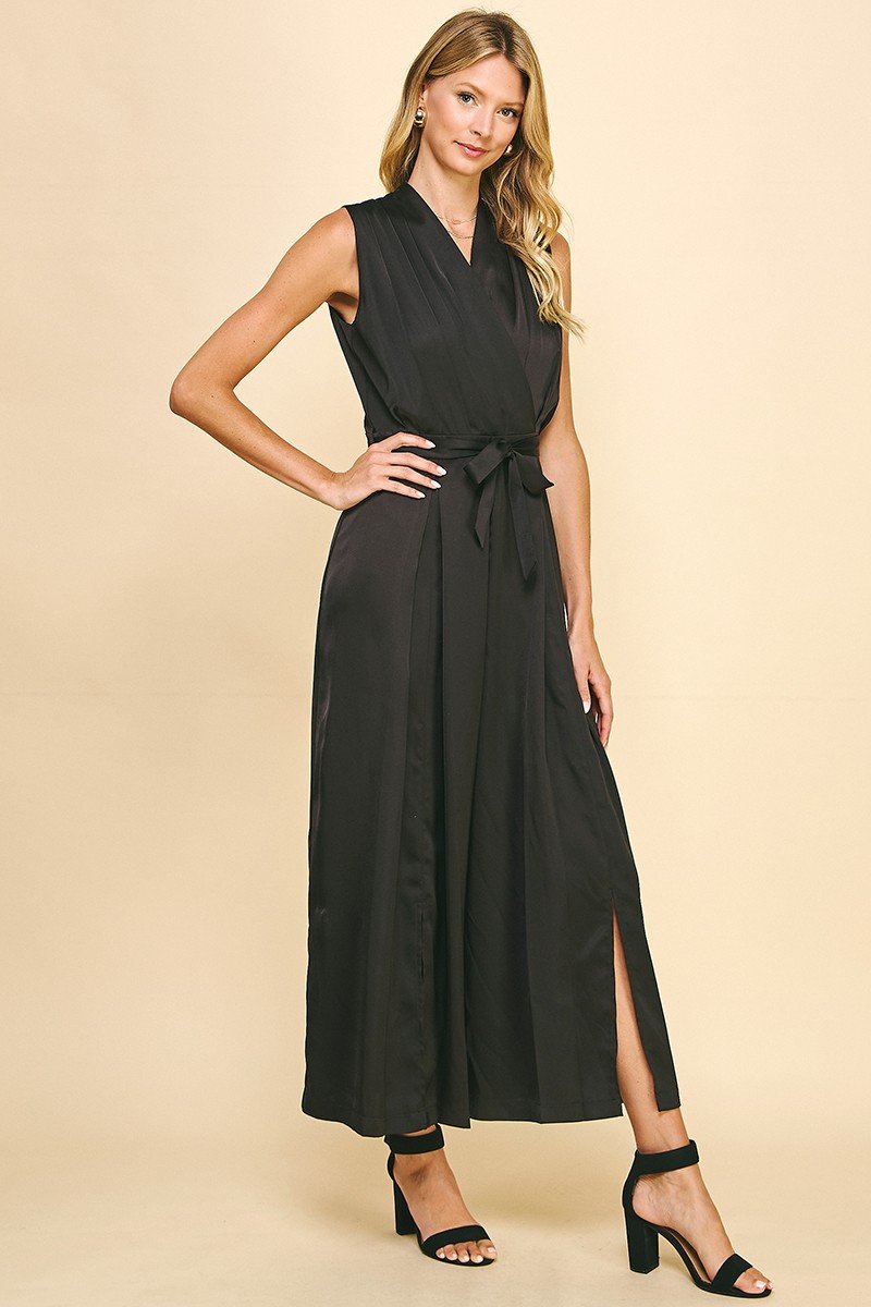 Black Satin Sleeveless Belted Jumpsuit from Raggdoll Boutique, perfect for coastal fashion and summer outfits in Texas.