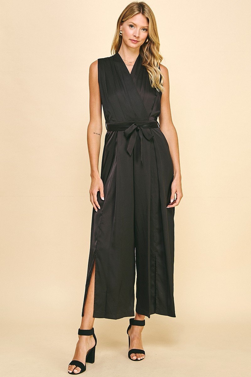 Black Satin Sleeveless Belted Jumpsuit from Raggdoll Boutique, perfect for coastal fashion and summer outfits Texas.