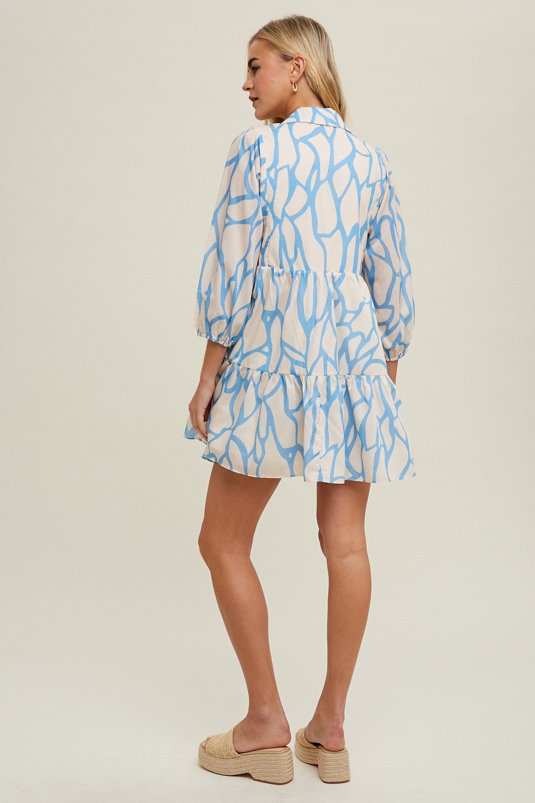 SKY BLUE ABSTRACT MINI DRESS from Raggdoll Boutique, perfect for summer outfits in Port Aransas, trendy coastal style.