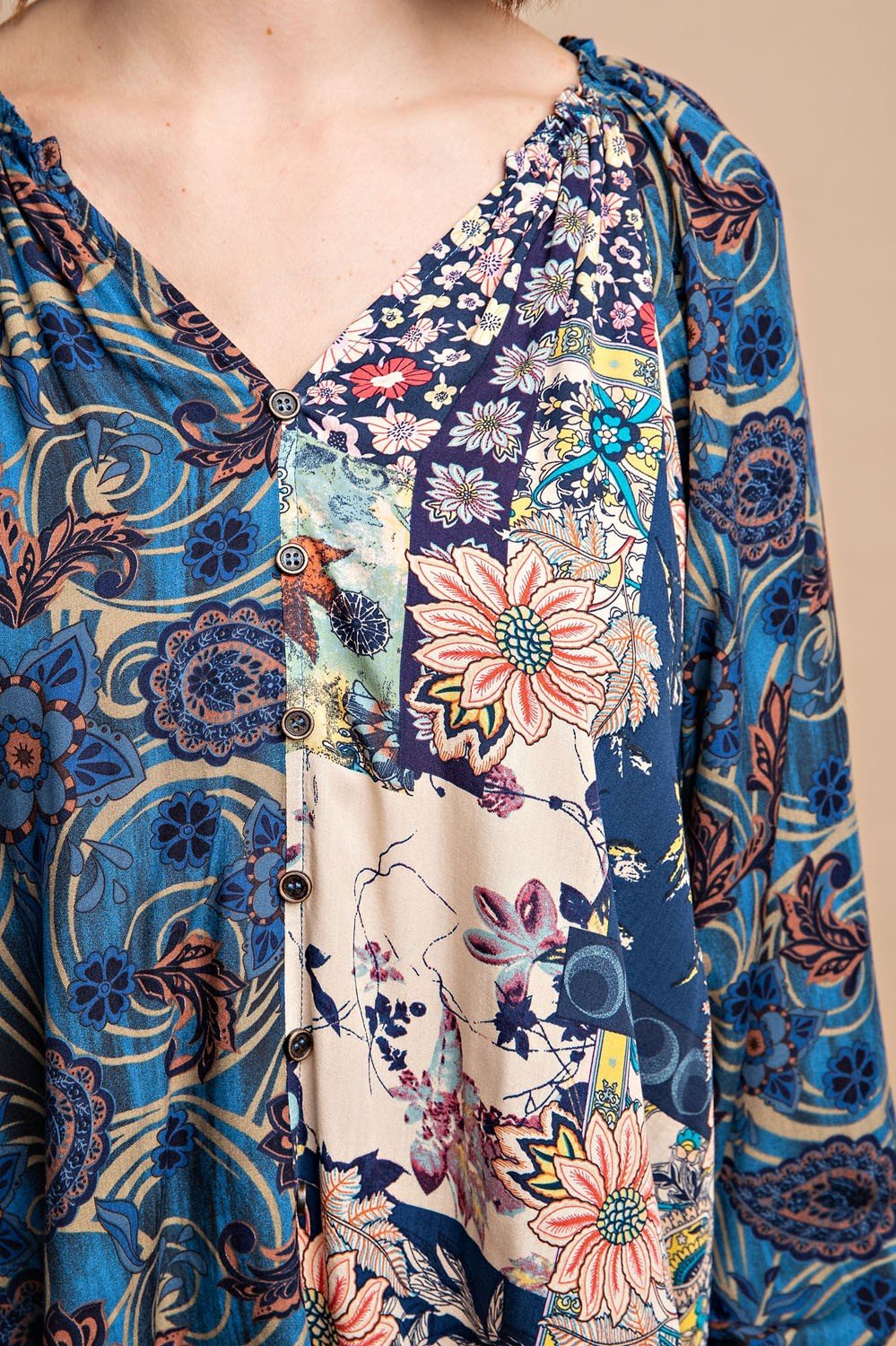 Midnight multi-print button-up top, perfect for tropical vacations. Curated women's fashion at our Port Aransas boutique.
