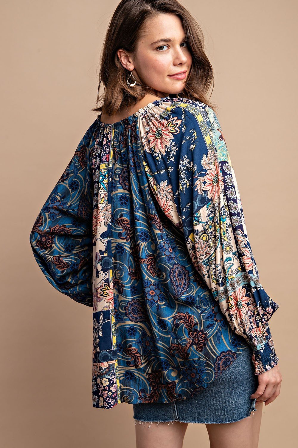 Midnight Multi-Print Button Up Top, 100% rayon, stylish top for women, ideal for coastal boutique clothing and tropical vacations.