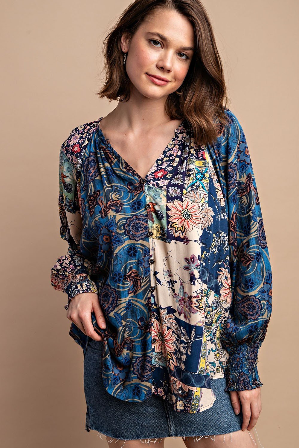 Midnight Multi-Print Button Up Top, stylish women's fashion from coastal boutique, perfect for tropical vacations.