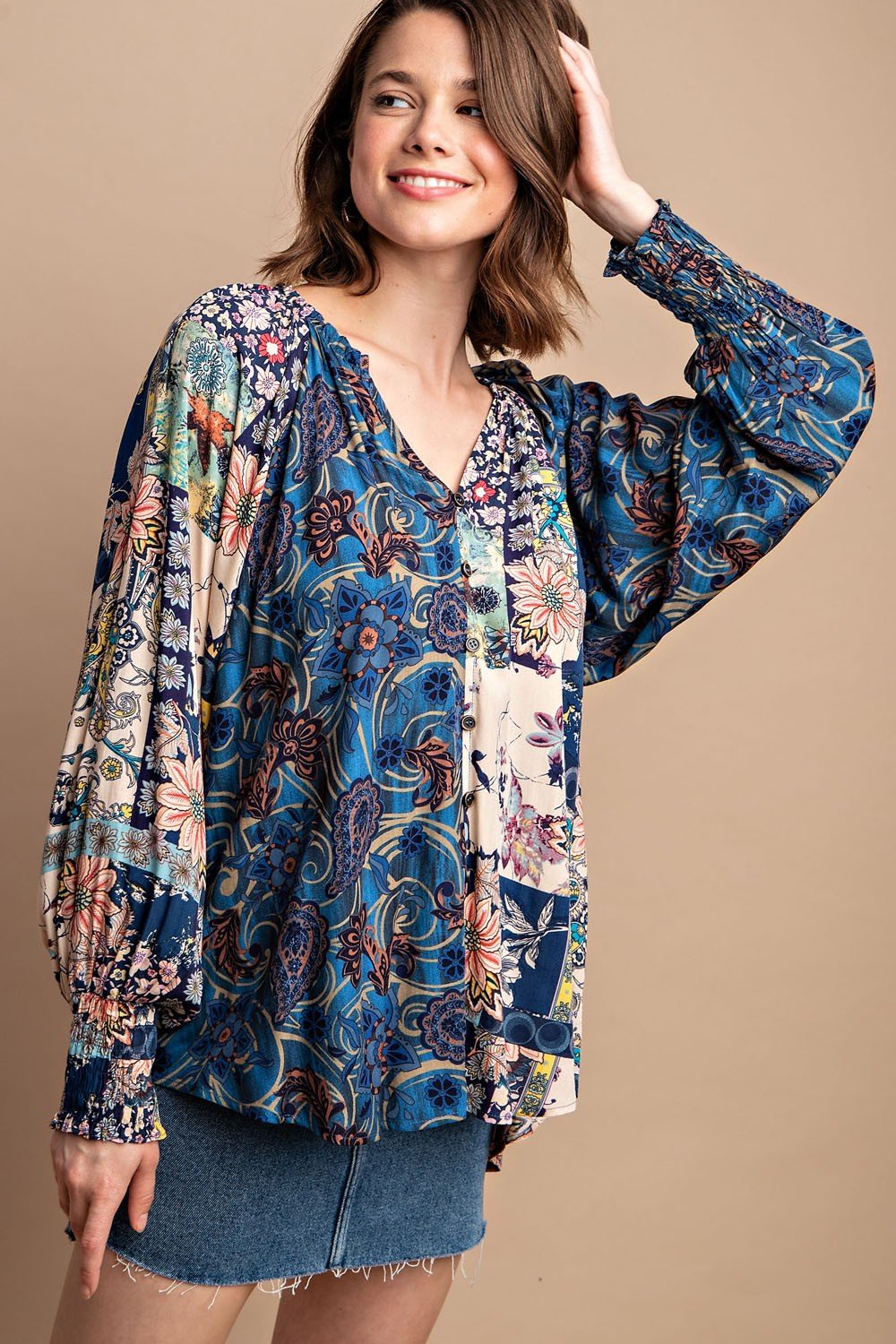 Midnight Multi-Print Button Up Top featuring vibrant patterns, ideal for coastal boutique clothing and stylish women's fashion.