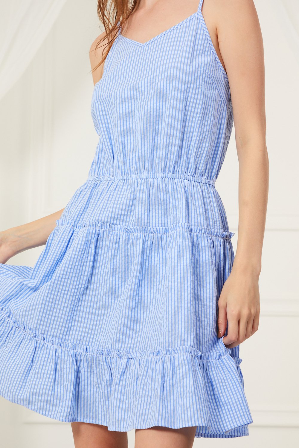 SUMMERTIME BLUES DRESS from Raggdoll Boutique featuring striped ruffles, spaghetti straps, ideal for summer outfits Texas.