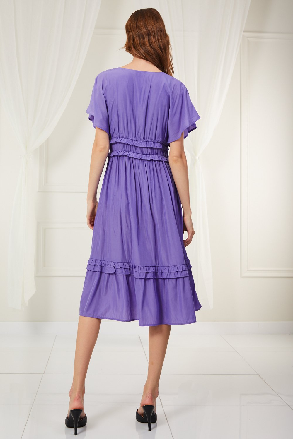 SIMPLE ROMANCE PURPLE DRESS featured in Raggdoll Boutique, showcasing frilled detail and butterfly sleeves.