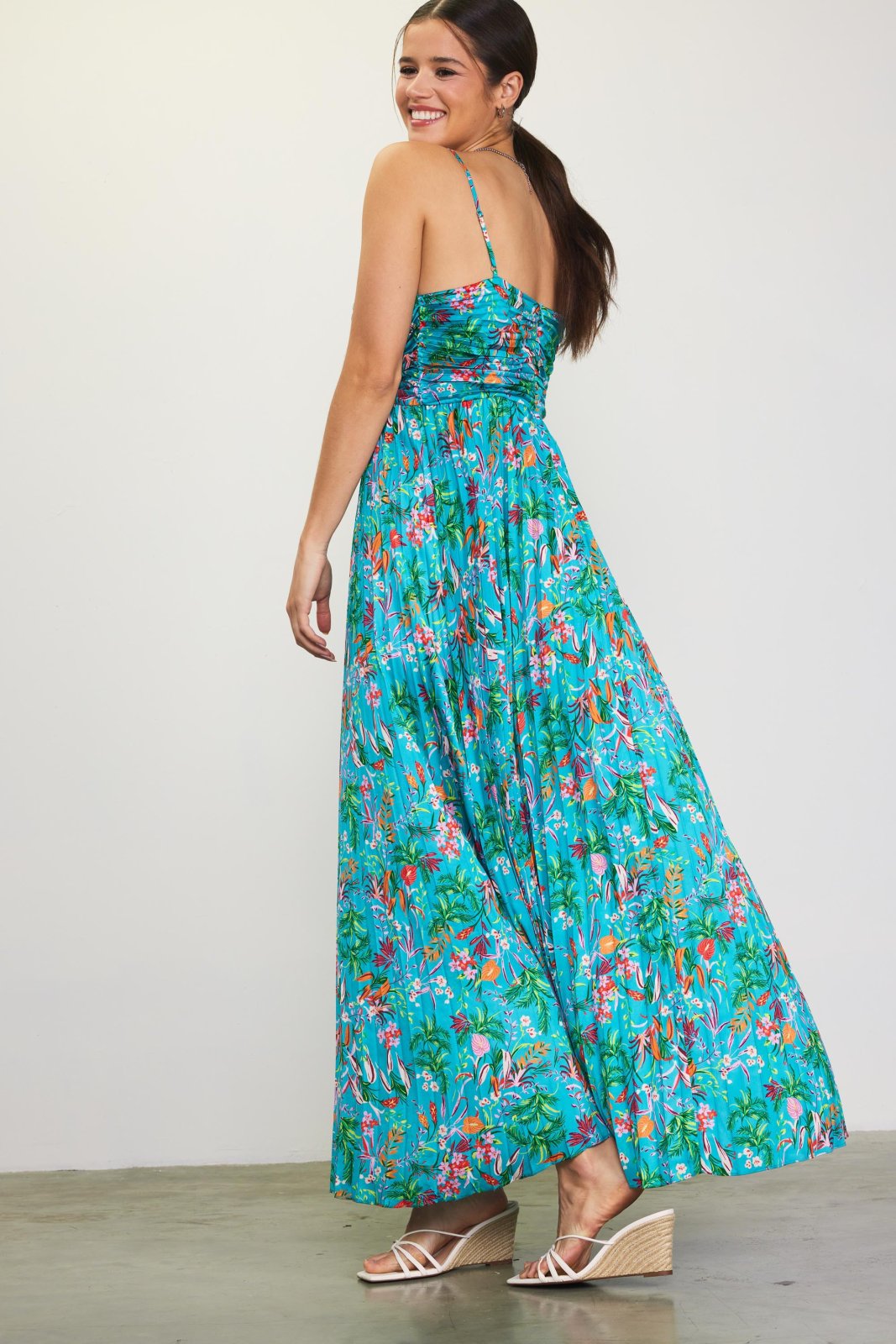 TROPICAL TEAL PLEATS DRESS featured in vibrant floral design, perfect for summer outfits Texas from Raggdoll Boutique.