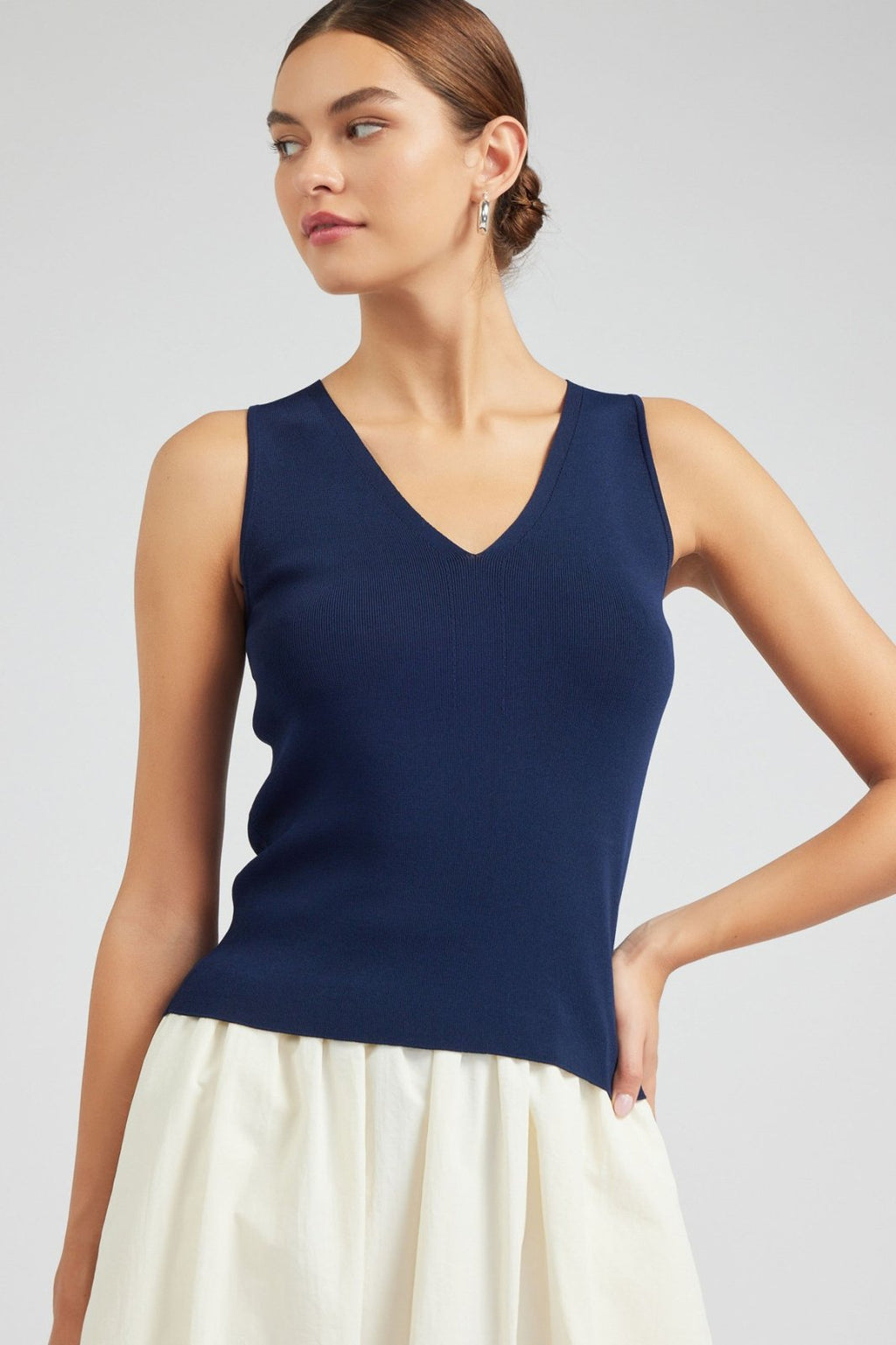 Navy V-Neck Sleeveless Sweater, perfect for coastal boutique clothing, curvy plus size fashion and women's stylish tops.