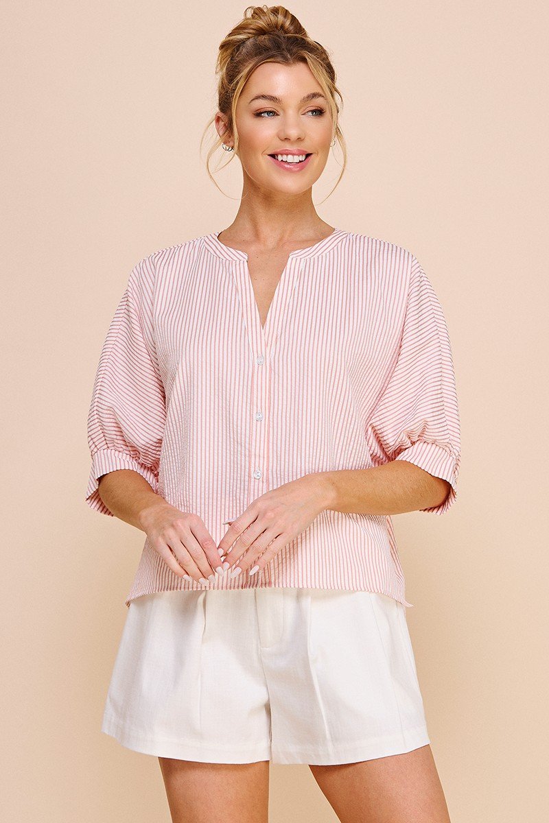 PINK PINSTRIPE TOP from Raggdoll Boutique, perfect for summer outfits and trendy coastal style in Port Aransas.