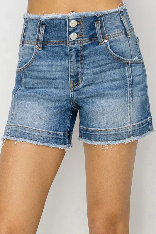 Risen Medium Blue Shorts for women, perfect for coastal boutique clothing and a stylish addition to beach outfits.