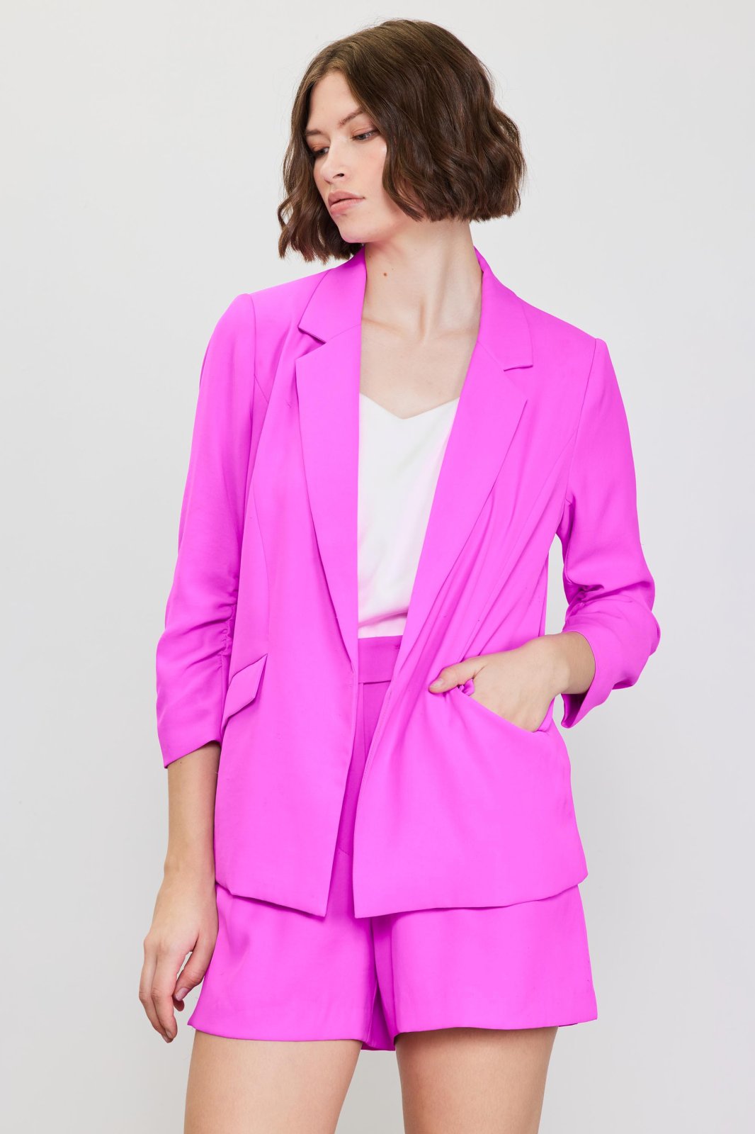 Rose Violet Shirred-Sleeve Blazer from Raggdoll Boutique, stylish pink blazer for trendy coastal fashion.