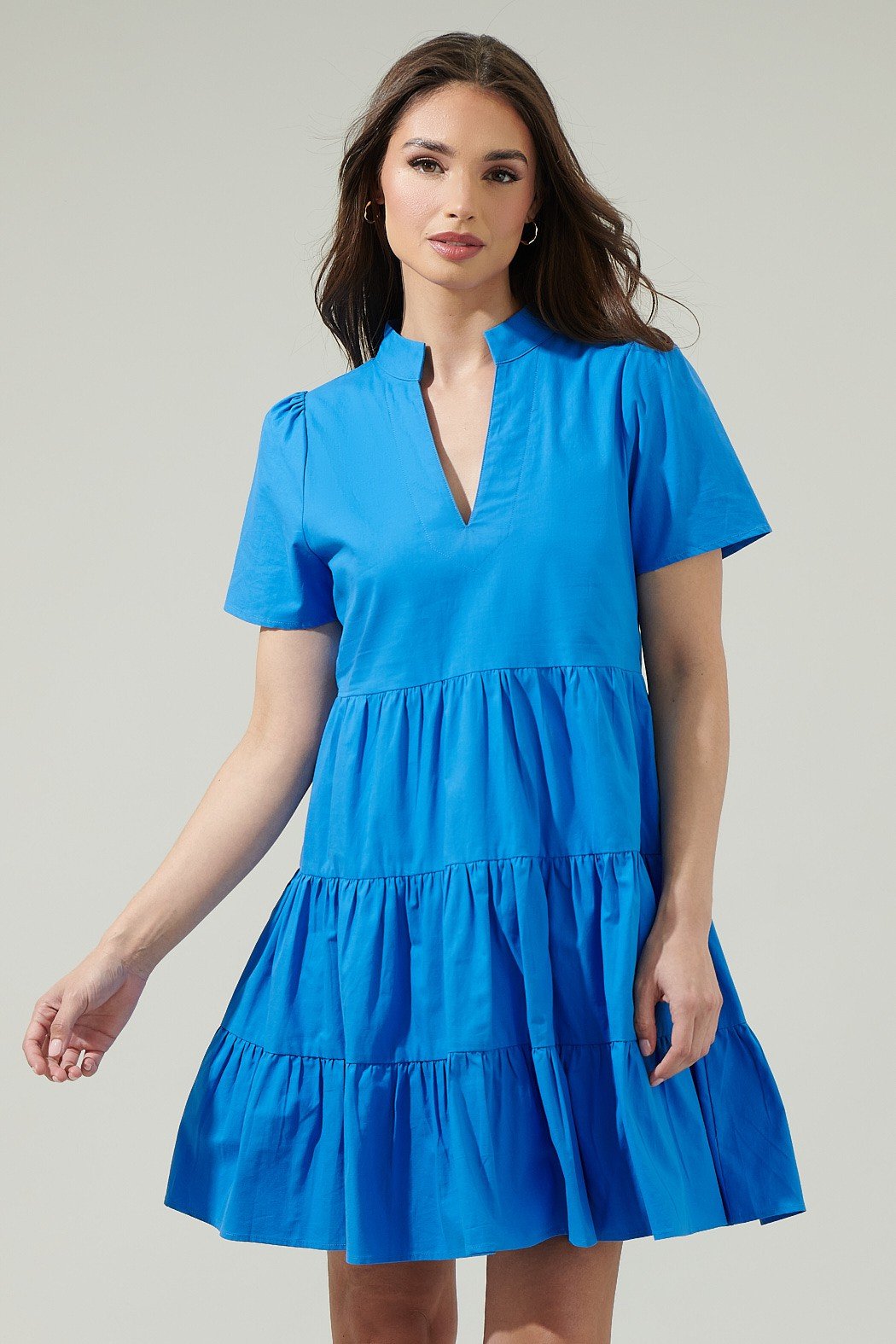 Daytona Bay Dress in vibrant blue, featuring a tiered design and split neckline for trendy coastal style.