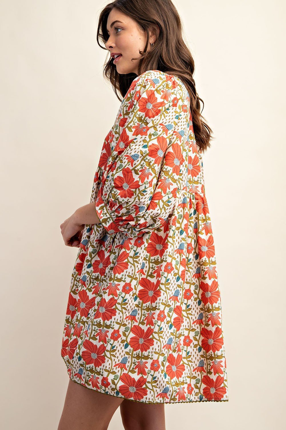 Paige Dress in floral pattern, 100% cotton, perfect for coastal boutique clothing and tropical vacations.