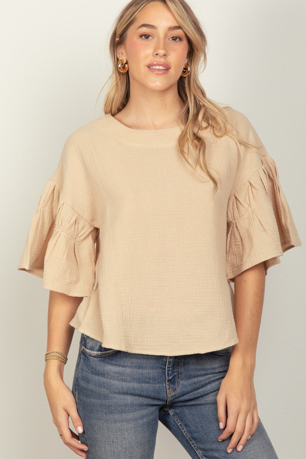 Stylish plus top in natural, perfect for coastal boutique clothing and tropical vacation dresses. 100% cotton fabric.