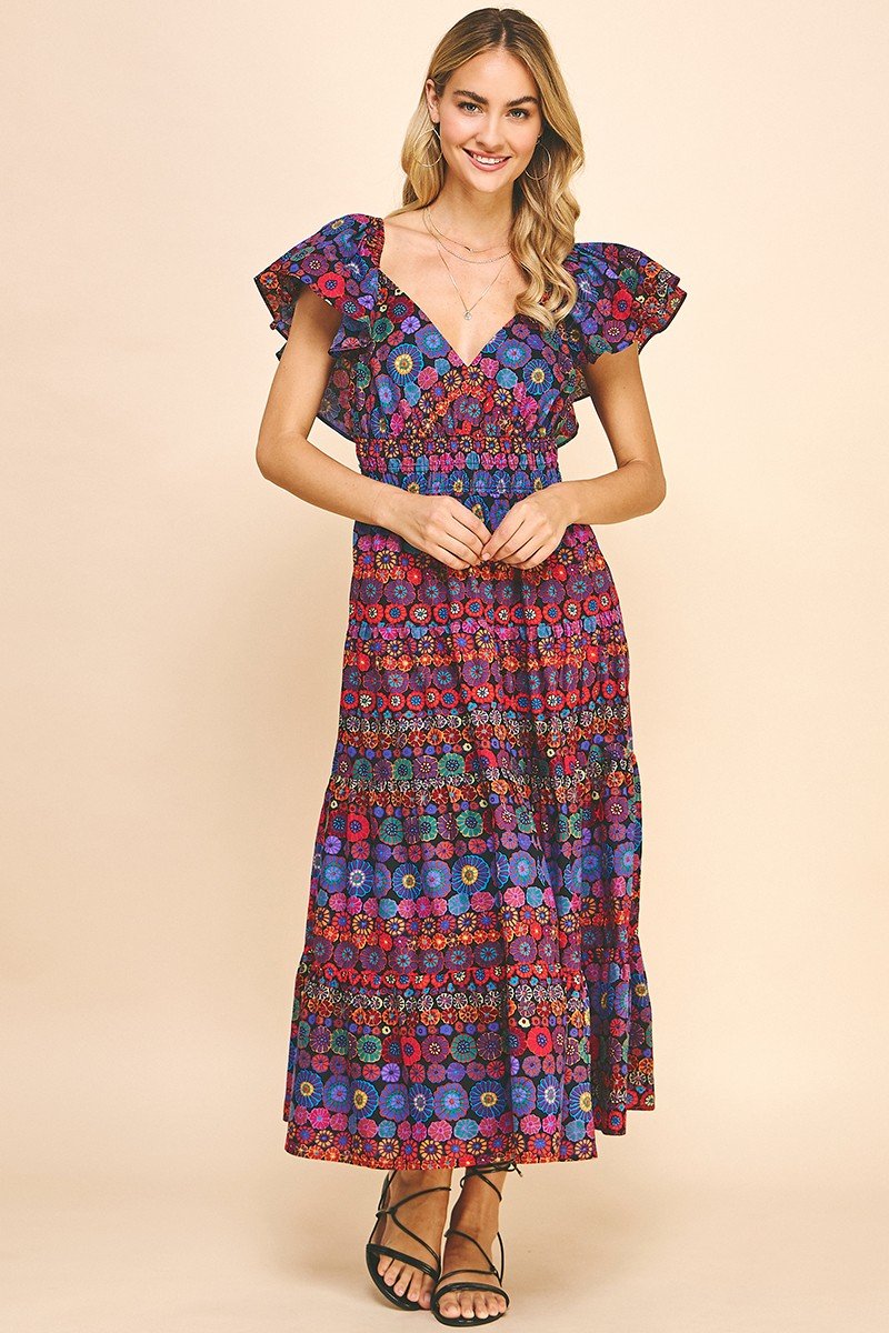 Happy Flowers Dress w/Open-Back Detail from Raggdoll Boutique in trendy coastal style with floral patterns.